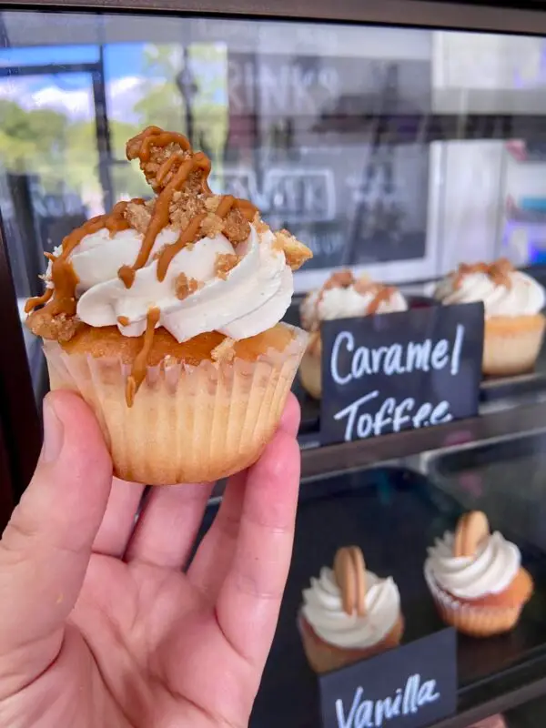 Vanilla cupcake with vanilla icing and a toffee garnish and caramel drizzle