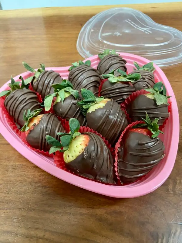 A dozen chocolate covered strawberries in a heart shaped box